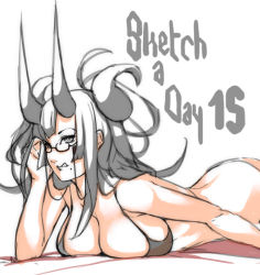 Rule 34 | 1girl, :q, bra, breasts squeezed together, breasts, cleavage, eu03, glasses, horns, large breasts, lingerie, lying, mole, mole under mouth, naughty face, on stomach, original, panties, silver hair, solo, tongue, tongue out, tsuno, tsunoko, underwear, underwear only