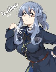 Rule 34 | 1girl, belt, black bow, black bowtie, blue hair, blue jacket, bow, bowtie, breasts, character name, closed mouth, dated, dongsa wonhyong, gloves, gotland (kancolle), grey hair, hair between eyes, hair bun, hand on own hip, jacket, kantai collection, large breasts, long hair, long sleeves, looking at viewer, military, military jacket, military uniform, mole, mole under eye, simple background, single hair bun, smile, solo, uniform, white gloves, yellow eyes