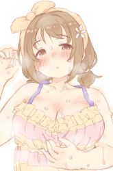Rule 34 | 1girl, 7010, blush, breasts, brown eyes, brown hair, cleavage, collarbone, flower, hair flower, hair ornament, idolmaster, idolmaster cinderella girls, large breasts, looking at viewer, low twintails, mimura kanako, short hair, short twintails, simple background, sketch, solo, sweat, towel, towel on head, twintails, upper body, white background