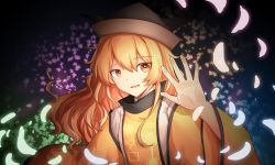 Rule 34 | 1girl, arm up, blonde hair, blue background, brown hat, bug, butterfly, cape, eyes visible through hair, green background, hair between eyes, hand up, hat, highres, insect, long hair, long sleeves, looking at viewer, matara okina, multicolored background, open mouth, orange background, orange cape, orange sleeves, petals, pink background, shirt, smile, solo, sun symbol, touhou, white shirt, yellow eyes, yu cha