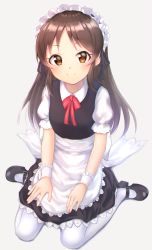 Rule 34 | 1girl, apron, bad id, bad pixiv id, brown eyes, brown hair, closed mouth, commentary request, cotrpopor, full body, hands on lap, highres, idolmaster, idolmaster cinderella girls, long hair, looking at viewer, maid, maid headdress, mary janes, neck ribbon, panties, pantyshot, ribbon, shoes, short sleeves, sitting, smile, solo, tachibana arisu, underwear, waist apron, wariza, white background, white legwear, wrist cuffs