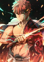 Rule 34 | 1boy, absurdres, embers, emiya shirou, fate/grand order, fate (series), glint, highres, holding, holding sword, holding weapon, igote, katana, limited/zero over, looking at viewer, male focus, okonon (kado colda), red hair, senji muramasa (fate), solo, sword, toned, toned male, topless male, upper body, weapon, wristband, yellow eyes