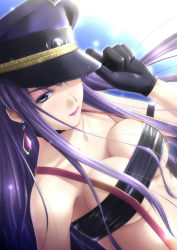 Rule 34 | 00s, 1girl, bare shoulders, black choker, black tube top, blue eyes, blue hair, blue hat, breasts, choker, cleavage, closed mouth, dutch angle, earrings, eyebrows hidden by hair, floating hair, half-closed eyes, hand up, hat, jewelry, large breasts, lips, long hair, looking at viewer, macross, macross frontier, macross frontier: itsuwari no utahime, medium breasts, naughty face, non-web source, ogata, peaked cap, pink lips, revealing clothes, sheryl nome, smile, solo, strapless, suspenders, tube top, underboob, upper body