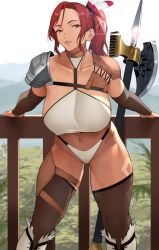 Rule 34 | 1girl, absurdres, axe, bad id, bad twitter id, bare shoulders, battle axe, bikini, breasts, collarbone, highleg, highleg bikini, highres, large breasts, long hair, looking at viewer, navel, original, ponytail, red eyes, red hair, smile, solo, swimsuit, thighhighs, thighs, weapon, white bikini, yoshio (55level)