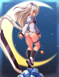Rule 34 | 1girl, ass, bell, black socks, body markings, cat girl, cat tail, closed mouth, commentary, cougar (cougar1404), crescent moon, cut cat, from behind, full body, grey hair, jacket, jingle bell, light frown, long hair, long sleeves, looking at viewer, looking back, moon, night, night sky, no pants, outdoors, panties, shoes, silui (cougar1404), sky, socks, solo, standing, standing on one leg, star (sky), starry sky, sword, tail, tan, thigh strap, tiger stripes, underwear, weapon, white footwear, white jacket, white panties, wind, yellow eyes