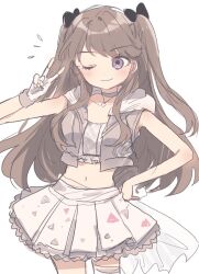 Rule 34 | 1girl, ;3, black bow, bow, brown hair, brown jacket, collarbone, commentary request, cowboy shot, crop top, cropped jacket, frilled shirt, frilled skirt, frills, fujishima megumi, grey choker, hair bow, hand on own hip, highres, hood, hooded jacket, jacket, link! like! love live!, long hair, looking at viewer, love live!, midriff, miniskirt, navel, notice lines, one eye closed, open clothes, open jacket, pleated skirt, purple eyes, shirt, simple background, skirt, sleeveless, sleeveless jacket, sleeveless shirt, solo, two side up, uo (wotakana p), v, virtual youtuber, white background, white shirt, white skirt