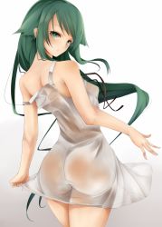 Rule 34 | 1girl, ass, bad id, bad pixiv id, bare arms, bare shoulders, breasts, cowboy shot, dress, from behind, gradient background, green eyes, green hair, grey background, highres, long hair, looking at viewer, parted lips, saya (saya no uta), saya no uta, see-through, simple background, sleeveless, sleeveless dress, small breasts, snm (sunimi), solo, thighs, white background, white dress
