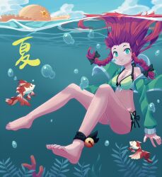Rule 34 | 14mango, 1girl, air bubble, alternate headwear, ankle bell, barefoot, blue eyes, braid, breasts, bubble, feet, fish, freediving, goldfish, hat, highres, holding breath, hong meiling, jacket, legs, long hair, medium breasts, open clothes, open jacket, red hair, soles, straw hat, swimsuit, toes, touhou, twin braids, underwater