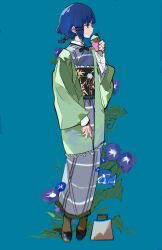 Rule 34 | 1girl, absurdres, alternate costume, bag, black footwear, blue background, blue eyes, blue hair, bocchi the rock!, braid, flower, full body, hejingming, highres, holding, japanese clothes, kimono, long sleeves, looking to the side, morning glory, obi, sash, shoes, simple background, single braid, solo, standing, wide sleeves, yamada ryo