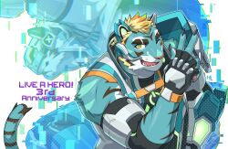 Rule 34 | 1boy, animal ears, bara, blush, copyright name, fangs, fingerless gloves, furry, furry male, gloves, green eyes, hand on own hip, happy anniversary, highres, live a hero, looking at viewer, male focus, mask, multiple views, musou luf, one eye closed, open mouth, rexer (live a hero), smile, tail, tiger boy, tiger ears, tiger stripes, tiger tail, v