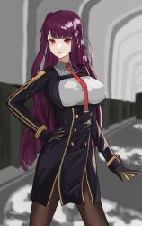 Rule 34 | 1girl, absurdres, black gloves, black pantyhose, breasts, closed mouth, collared shirt, feet out of frame, girls&#039; frontline, gloves, hand on own hip, hanser, highres, long hair, looking at viewer, medium breasts, necktie, pantyhose, purple hair, red eyes, red necktie, shirt, simple background, solo, standing, wa2000 (girls&#039; frontline)