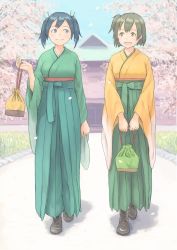 Rule 34 | 10s, 2girls, :d, black footwear, blue eyes, blue hair, blush, boots, brown eyes, brown hair, building, cherry blossoms, closed mouth, cross-laced footwear, day, full body, green kimono, hair ribbon, hakama, hakama skirt, highres, hiryuu (kancolle), holding, japanese clothes, kantai collection, kimono, lace-up boots, long sleeves, looking at another, multiple girls, open mouth, outdoors, petals, pouch, ribbon, shadow, skirt, smile, souryuu (kancolle), taruya, twintails, walking