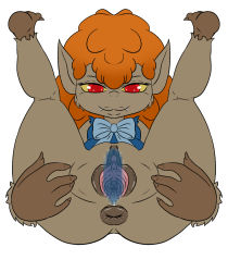 Rule 34 | 1girl, anus, clitoris, eyebrows, highres, long hair, monster, monster girl, navel, orange hair, pointy ears, pussy, red eyes, scooby-doo, scooby-doo and the ghoul school, simple background, smile, spread legs, spread pussy, urethra, werewolf, white background, winnie (scooby-doo)