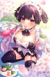 Rule 34 | 1girl, black hair, black skirt, black thighhighs, blurry, blurry background, blurry foreground, blush, breasts, cleavage, closed mouth, collarbone, commentary request, commission, cup, dango, day, depth of field, disposable cup, eating, flower, food, garter straps, hair ornament, hairclip, hands up, highres, holding, holding cup, holding food, jacket, large breasts, long sleeves, maid headdress, open clothes, open jacket, original, outdoors, petals, plate, pleated skirt, purple eyes, sakura mochi, sanshoku dango, shikino yuki, short twintails, signature, skeb commission, skirt, solo, spread legs, squatting, thighhighs, twintails, wagashi, white flower, white jacket