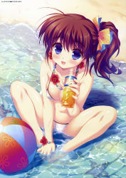 Rule 34 | 1girl, :d, absurdres, ball, bare shoulders, barefoot, beach, beachball, bikini, blue eyes, blush, bottle, bow, bracelet, breasts, brown hair, butterfly sitting, cleavage, earrings, fang, feet, feet together, flower, flower earrings, hair bow, hands on feet, hibiscus, highres, jewelry, long hair, looking at viewer, micro bikini, navel, necklace, open mouth, original, partially submerged, polka dot, santa matsuri, scan, shiny skin, side ponytail, sitting, skindentation, smile, solo, string bikini, swimsuit, water, wet, white bikini