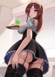 Rule 34 | 1girl, :o, alternate breast size, alternate hairstyle, apron, ass, black dress, black panties, black skirt, black thighhighs, blue eyes, breasts, brown hair, cafe, dress, drink, food, go-toubun no hanayome, highres, hiyoku, holding, holding plate, large breasts, long hair, looking back, maid, maid apron, maid headdress, nakano miku, omelet, omurice, one eye covered, panties, plate, short sleeves, sideboob, skirt, thighhighs, thighs, underwear, white dress