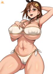 Rule 34 | 1girl, absurdres, arm up, armpits, atelier (series), atelier ryza, bikini, breasts, brown hair, cleft of venus, covered erect nipples, hat, highres, huge breasts, jmg, large areolae, navel, reisalin stout, short hair, solo, swimsuit
