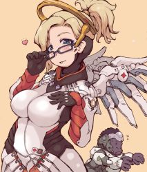 Rule 34 | 1boy, 1girl, 3 3, :p, ape, armor, bespectacled, blonde hair, borrowed clothes, breasts, glasses, gorilla, halo, heart, high ponytail, ibukichi, large breasts, mechanical halo, mechanical wings, mercy (overwatch), no eyewear, overwatch, overwatch 1, ponytail, power armor, short hair, tongue, tongue out, wings, winston (overwatch), yellow eyes