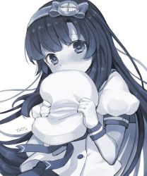 Rule 34 | 1girl, absurdres, artist name, blue theme, blush, gloves, hat, highres, holding, holding clothes, holding hat, kantai collection, long hair, matsuwa (kancolle), monochrome, pleated skirt, puffy short sleeves, puffy sleeves, sailor hat, school uniform, serafuku, short sleeves, signature, simple background, skirt, solo, totto (naka), unworn hat, unworn headwear, upper body, white background