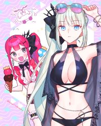 Rule 34 | 1other, 2girls, alternate costume, alternate hairstyle, arm up, armlet, armpits, baobhan sith (fate), bikini, black bikini, black bow, black bowtie, blue eyes, blush, bow, bowtie, bracelet, breasts, buckle, cernunnos (fate), chain, choker, cleavage, closed mouth, collarbone, commentary request, creature, detached collar, eyewear on head, fang, fate/grand order, fate (series), fingernails, food, frilled bikini, frills, grey eyes, hair between eyes, hair bow, hair intakes, hair ornament, holding, holding food, horns, ice cream, innertube, jewelry, large breasts, long hair, looking at another, looking at viewer, medium breasts, morgan le fay (fate), mother and daughter, multiple girls, nail polish, navel, open mouth, pale skin, pink bikini, pink hair, pink nails, pointy ears, ponytail, sara (kurome1127), see-through, side ponytail, sidelocks, silver hair, smile, sunglasses, swim ring, swimsuit, twitter username, upper body, veil, very long hair