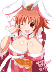 Rule 34 | 1girl, abe nana, afuro, animal ears, animal print, breasts, cleavage, crown, dated, happy birthday, huge breasts, idolmaster, idolmaster cinderella girls, looking at viewer, one eye closed, ponytail, rabbit ears, rabbit print, red hair, simple background, solo, star (symbol), v over eye, white background
