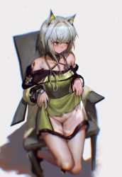 Rule 34 | 1girl, absurdres, animal ears, arknights, armchair, bare legs, bare shoulders, blurry, blush, brown eyes, cat ears, chair, closed mouth, clothes lift, collarbone, depth of field, dress, dress lift, full body, furioso, green dress, grey hair, groin, highres, kal&#039;tsit (arknights), lifting own clothes, long sleeves, looking away, looking to the side, material growth, no panties, oripathy lesion (arknights), see-through, short hair, simple background, sitting, smile, solo, stethoscope, thigh gap, watch, white background, wristwatch