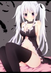 Rule 34 | 1girl, bare shoulders, black thighhighs, bloodcatblack, blush, breasts, cleavage, covered erect nipples, highres, large breasts, long hair, looking at viewer, navel, no panties, original, purple eyes, sideboob, sitting, solo, thighhighs, twintails, white hair