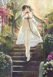 Rule 34 | 1girl, absurdres, azur lane, black hair, breasts, cleavage, detached collar, detached sleeves, dress, flower, full body, hair flower, hair ornament, high heels, highres, lace, lace-trimmed dress, lace trim, large breasts, long hair, looking at viewer, official alternate costume, outdoors, pantyhose, peter strasser (a moment frozen in pure white) (azur lane), peter strasser (azur lane), purple eyes, purple flower, rose, satsuki (swkerc), see-through, see-through dress, see-through silhouette, shoes, solo, stairs, stone stairs, twintails, very long hair, walking, white flower, white footwear, white pantyhose, white rose