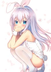 Rule 34 | 1girl, animal ears, bare shoulders, blue eyes, blue hair, blush, commentary request, covered mouth, fake animal ears, gochuumon wa usagi desu ka?, hair between eyes, hair ornament, hairband, hands up, kafuu chino, leotard, long hair, looking at viewer, pink footwear, rabbit ears, shibainu niki, shoes, simple background, solo, sparkle, spoken object, squatting, strapless, strapless leotard, thighhighs, very long hair, white background, white hairband, white leotard, white thighhighs, wrist cuffs, x hair ornament