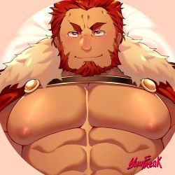 Rule 34 | 1boy, abs, bara, beard, blush, bursting pectorals, cape, facial hair, fate/grand order, fate/zero, fate (series), fur collar, highres, iskandar (fate), large pectorals, looking at viewer, male focus, mousepad, mousepad (object), muscular, nipples, pectorals, red eyes, red hair, simple background, smile, solo, yuufreak