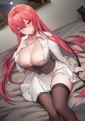 Rule 34 | 1girl, black choker, blush, breasts, brown thighhighs, choker, cleavage, closed mouth, collared shirt, highres, jewelry, large breasts, long hair, long sleeves, looking at viewer, mendou kusai, necklace, original, red eyes, red hair, shirt, sitting, smile, solo, thighhighs, thighs, white shirt