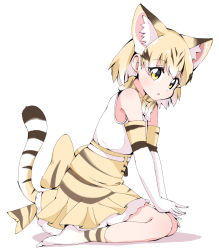 Rule 34 | 1girl, animal ear fluff, animal ears, animal print, back bow, bad id, bad pixiv id, bare shoulders, blonde hair, bow, bowtie, brown hair, cat ears, cat print, cat tail, commentary request, elbow gloves, extra ears, frilled skirt, frills, gloves, hands on own knees, high-waist skirt, highres, kemono friends, kneeling, multicolored hair, no shoes, pleated skirt, print bow, print bowtie, print gloves, print neckwear, print skirt, print socks, sand cat (kemono friends), seiza, short hair, sitting, skirt, sleeveless, socks, solo, tail, takom, user cpfg3235, white hair, yellow eyes