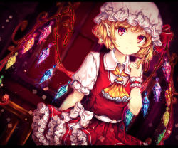 Rule 34 | 1girl, ascot, bad id, bad pixiv id, blonde hair, bow, chiyu (kumataro0x0), collared shirt, crystal, dutch angle, expressionless, flandre scarlet, frilled skirt, frills, hand up, hat, hat ribbon, mob cap, pointy ears, puffy short sleeves, puffy sleeves, red eyes, red ribbon, red skirt, ribbon, shirt, short sleeves, skirt, skirt set, solo, touhou, vest, white bow, white hat, white shirt, wing collar, wings, wrist cuffs, yellow ascot
