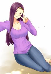 Rule 34 | 1girl, arms up, barefoot, breasts, denim, fire emblem, fire emblem echoes: shadows of valentia, hair ornament, igni tion, jeans, large breasts, long hair, long sleeves, looking at viewer, nintendo, open mouth, pants, parted lips, purple eyes, purple hair, purple sweater, ribbed sweater, sitting, smile, solo, sonya (fire emblem gaiden), sweater, teeth, upper body, v