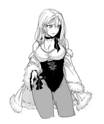 Rule 34 | 1girl, breasts, cleavage, coat, cowboy shot, cropped legs, fingernails, fur-trimmed sleeves, fur trim, greyscale, large breasts, leotard, monochrome, original, pantyhose, parted lips, simple background, siun, solo, white background