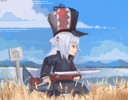 Rule 34 | adapted costume, advarcher, alternate costume, blue eyes, blue hair, blue headwear, blue jacket, blue sky, blunt bangs, cloud, cloudy sky, commentary, cosplay, double-barreled shotgun, elmer fudd, elmer fudd (cosplay), english commentary, fins, fish tail, from side, fur hat, gawr gura, grey headwear, gun, hair ornament, hat, highres, holding, holding weapon, hololive, hololive english, horizon, jacket, lake, long sleeves, looney tunes, mountainous horizon, multicolored hair, outdoors, painterly, parody, profile, red headwear, shark hair ornament, shark tail, shotgun, sign, signature, sky, smile, streaked hair, tail, two side up, ushanka, virtual youtuber, weapon, wheat field