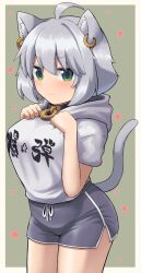 Rule 34 | 1girl, ahoge, animal ear fluff, animal ears, blush, borrowed character, breasts, cat ears, cat girl, cat tail, closed mouth, clothes writing, commentary request, ear piercing, green eyes, grey hair, grey shorts, hair between eyes, hands up, highres, hood, hood down, hoodie, looking at viewer, m.m, medium breasts, original, piercing, renge (ngetyan), short shorts, short sleeves, shorts, solo, star (symbol), tail, translated, v-shaped eyebrows, white hoodie