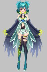 Rule 34 | 1girl, absurdres, black feathers, black footwear, black wings, blush, boots, breasts, claws, cleavage, clothing cutout, colored inner hair, commentary, english commentary, fangs, feathers, full body, green hair, grey background, harpy, highres, hip vent, indie virtual youtuber, lincoro, medium breasts, medium hair, monster girl, multicolored hair, navel, navel cutout, official alternate costume, pointy ears, second-party source, short twintails, shorts, skindentation, tachi-e, thigh boots, thigh strap, twintails, two-tone hair, virtual youtuber, winged arms, wings, yukimichi (nieko)