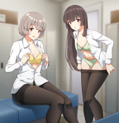 2girls black_pantyhose blunt_bangs blurry blurry_background bra breasts brown_eyes brown_hair cleavage collarbone collared_shirt commentary_request commission green_bra green_panties grey_hair highres hime_cut indoors iwakura_sanae juujou_hiyori long_hair long_sleeves looking_at_viewer medium_breasts motsutoko multiple_girls navel open_clothes open_mouth open_shirt panties pantyhose parted_lips shirt short_hair sitting skeb_commission small_breasts standing stomach toji_no_miko underwear undressing white_shirt yellow_bra