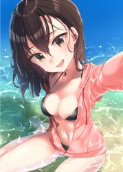 Rule 34 | 1girl, :d, arm up, artist name, barefoot, beach, bikini, black bikini, breasts, brown eyes, brown hair, cleavage, commentary, day, fang, foreshortening, gluteal fold, hair between eyes, halterneck, head tilt, highres, hood, hooded jacket, hoodie, jacket, kantai collection, koruri, looking at viewer, medium breasts, navel, open clothes, open jacket, open mouth, outdoors, partially submerged, reaching, reaching towards viewer, selfie, sendai (kancolle), sitting, smile, solo, strap gap, swimsuit, twitter username, wariza, wet, wet hair