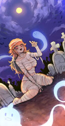 Rule 34 | 1girl, absurdres, bandaged arm, bandaged head, bandaged leg, bandages, bandages around chest, bat (animal), breasts, cloud, costume, ghost, glowing, glowing eyes, graveyard, green hair, halloween, halloween costume, highres, hololive, hololive english, large breasts, long hair, looking at viewer, moon, multicolored hair, naked bandage, night, on ground, open mouth, orange hair, outdoors, pink eyes, sky, solo, takanashi kiara, teeth, tombstone, tongue, underboob, virtual youtuber, yos2k999