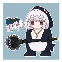 Rule 34 | ..., 1girl, 2girls, @ @, animal costume, arknights, black hat, blue background, border, chibi, circular saw, grey hair, hat, highres, holding, holding weapon, jewelry, long hair, multiple girls, necklace, outline, red eyes, romaji text, saw, shark costume, simple background, skadi (arknights), smile, solo, someyaya, specter (arknights), spoken ellipsis, standing, weapon, white border, white outline