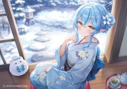 1girl blue_hair blue_kimono blush elf hair_bun higeneko hololive japanese_clothes kimono long_hair looking_at_viewer official_art pointy_ears pond sitting snow solo_focus virtual_youtuber wooden_floor yellow_eyes yukihana_lamy yukimin_(yukihana_lamy)