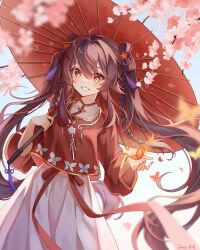 Rule 34 | 1girl, absurdres, black nails, braid, brown hair, dress, flower, flower-shaped pupils, genshin impact, highres, holding, holding umbrella, hu tao (genshin impact), june weiyue, long hair, looking at viewer, plum blossoms, solo, symbol-shaped pupils, twin braids, twintails, umbrella