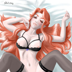 Rule 34 | 1girl, artist request, blush, breasts, castlevania (series), castlevania (netflix), eyelashes, female focus, highres, lenore (castlevania), lingerie, lipstick, long hair, lying, makeup, nipples, on back, on bed, red eyes, red hair, seductive smile, smile, solo, spread legs, sweat, thighhighs, underwear, vampire, wavy hair