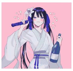 Rule 34 | 1girl, alternate hairstyle, blue eyes, blue hair, blue ribbon, blush, border, bottle, chinese clothes, closed mouth, dark blue hair, drunk, fate/grand order, fate (series), flower, glass bottle, hair flower, hair ornament, hair ribbon, hanfu, holding, holding bottle, jing ke (fate), katagiri (mighty swing), long hair, long sleeves, looking at viewer, pink background, ribbon, sash, scroll tube, simple background, solo, squeans, twintails, upper body, v, white border, wide sleeves