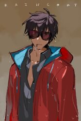 Rule 34 | 1boy, beard stubble, cigarette, coat, commentary request, facial hair, grey shirt, looking to the side, male focus, nicholas d. wolfwood, raincoat, raine (acke2445), red coat, shirt, short hair, solo, stubble, sunglasses, trigun, trigun stampede, upper body