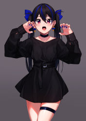 Rule 34 | 1girl, :o, absurdres, belt, belt buckle, black belt, black choker, black dress, black hair, blue bow, blue hair, blue nails, bow, buckle, choker, claw pose, collarbone, commentary request, dress, earrings, fangs, ginopi, grey background, hair between eyes, hair bow, hands up, highres, jewelry, long hair, long sleeves, looking at viewer, multicolored hair, nail polish, open mouth, original, puffy long sleeves, puffy sleeves, red eyes, simple background, skindentation, sleeves past wrists, solo, streaked hair, teeth, thigh strap, upper teeth only, very long hair