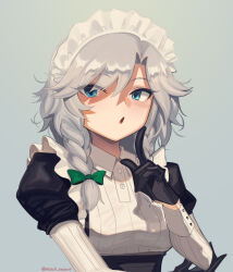 Rule 34 | 1girl, adapted costume, black gloves, blue eyes, blush, boa (brianoa), bow, braid, breasts, gloves, grey background, hair between eyes, hand up, highres, index finger raised, izayoi sakuya, long hair, maid, maid headdress, medium breasts, open mouth, puffy sleeves, simple background, solo, touhou, tsurime, twin braids, twitter username, upper body