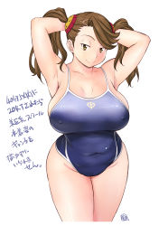 Rule 34 | 10s, 1girl, armpits, arms up, breasts, brown eyes, brown hair, competition school swimsuit, covered erect nipples, covered navel, covering nipples, covering privates, curvy, gundam, gundam build fighters, gundam build fighters try, highres, huge breasts, large breasts, looking at viewer, naughty face, one-piece swimsuit, plump, raised eyebrows, sazaki kaoruko, school swimsuit, shoumaru (gadget box), simple background, smile, solo, swimsuit, thighs, translation request, twintails, white background, wide hips
